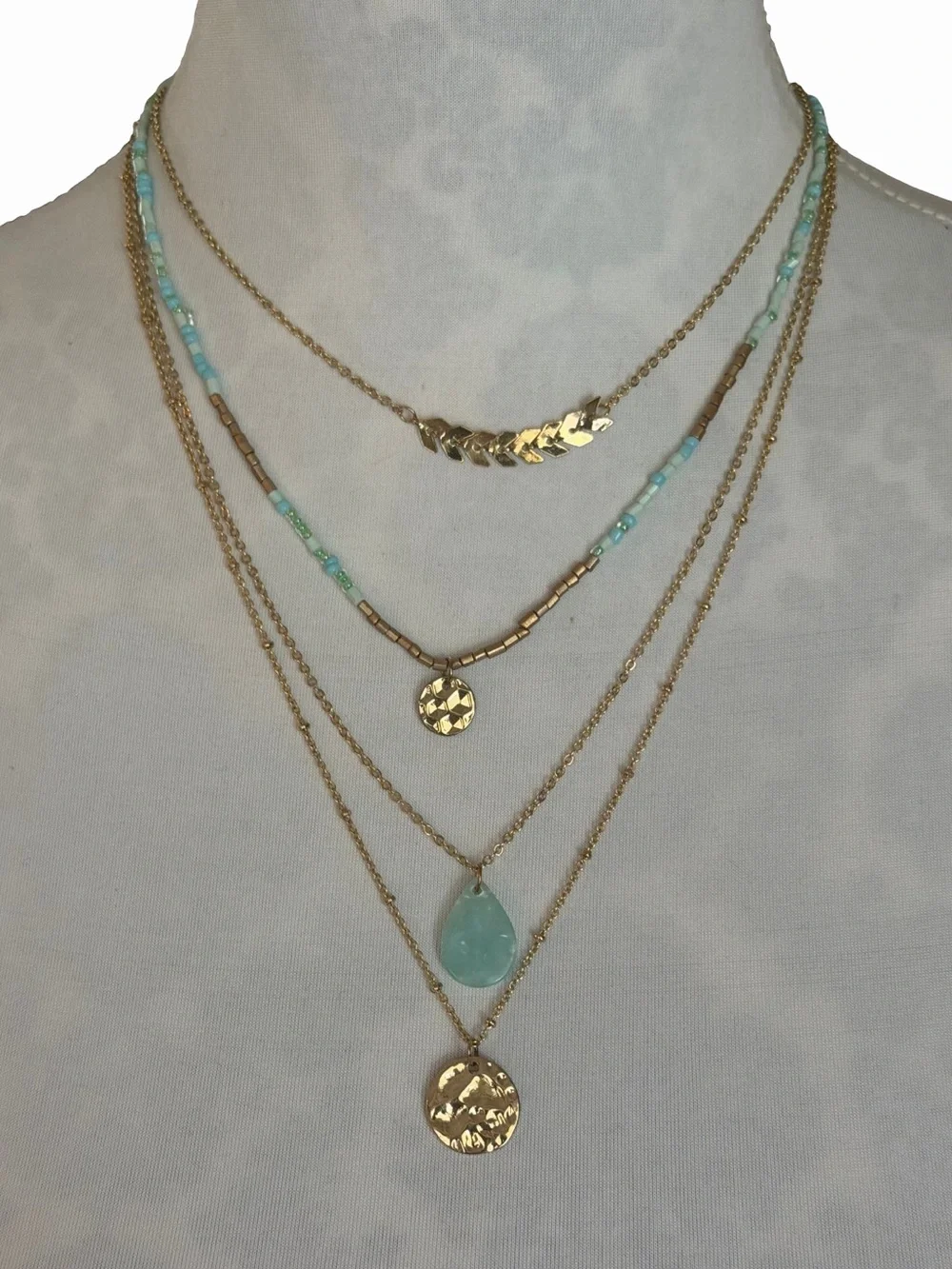 Layered Gold Necklace Set with Aqua Bead Accents